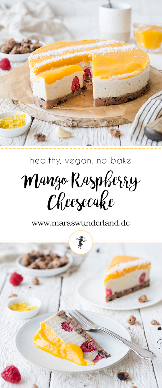 Einfaches Rezept für einen veganen & gesunden Mango Raspberry Cheesecake. Die perfekte No Bake Alternative für heiße Sommertage.