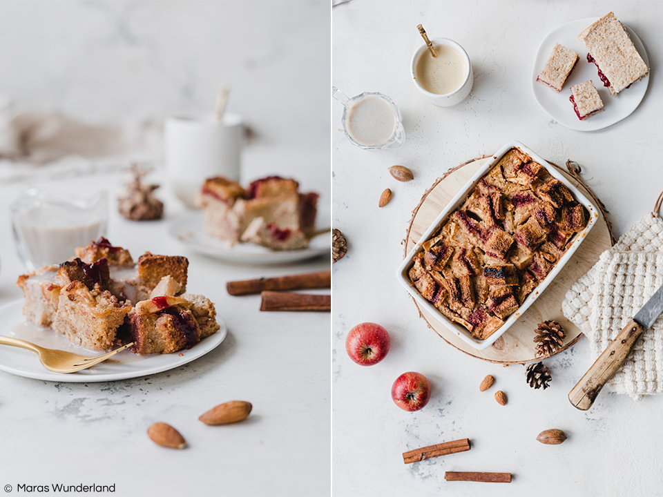 Einfaches und schnelles Rezept für Jelly Apple Bread Pudding, ähnlich dem deutschen Ofenschlupfer mit Äpfeln. Super Soulfood, Dessert oder Frühstück. • Maras Wunderland #breadpudding #pfenschlupfer #kirschmichel #dessert #nachtisch #soulfood #gesundesdessert #healthydessert #christmasdessert #chrismasbreakfast #weihnachtsfrühstück #maraswunderland #apfeldessert #appledessert