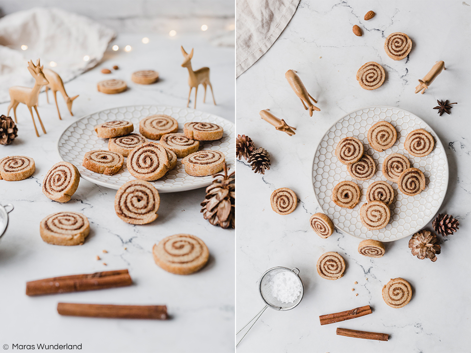 Rezept für gesündere Zimtschnecken-Plätzchen. Schwedischer Klassiker trifft Weihnachten. Ein schnelles und einfaches Plätzchenrezept mit Zimt und Mandeln. • Maras Wunderland #maraswunderland #weihnachtsbäckerei #weihnachtsplätzchen #plätzchen #zimtschnecken #cinnamonrolls #christmascookies 