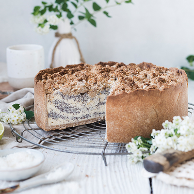 Gesünderer Mohn-Kokos-Quarkkuchen mit Streuseln