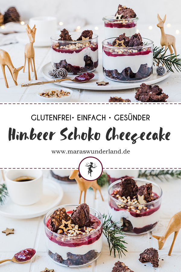 Glutenfreier Himbeer-Schoko Cheesecake im Glas. Saftig, cremig und gesünder. Perfekt für Weihnachtsfest. • Maras Wunderland #weihnachtsdessert #christmasdessert #nachtisch #glutenfrei