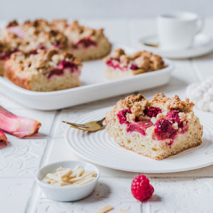 Veganer Rhabarber-Himbeer-Streuselkuchen