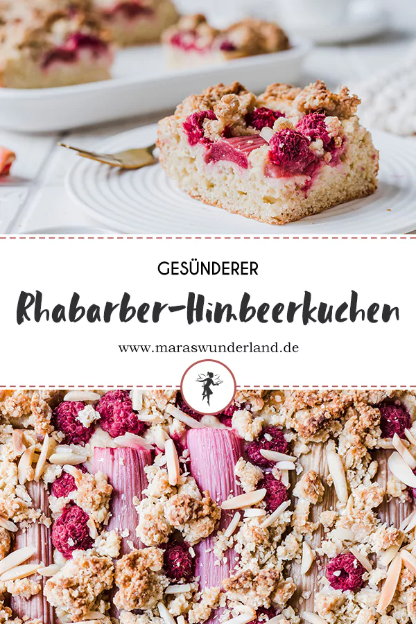 Veganer Rhabarber-Himbeer-Streuselkuchen. Saftig und perfekt für den Frühling. Schnell gemacht und aus Quark-Öl-Teig. • Maras Wunderland #rhubarb #rhubarbcake #rhabarber #rhabarberkuchen