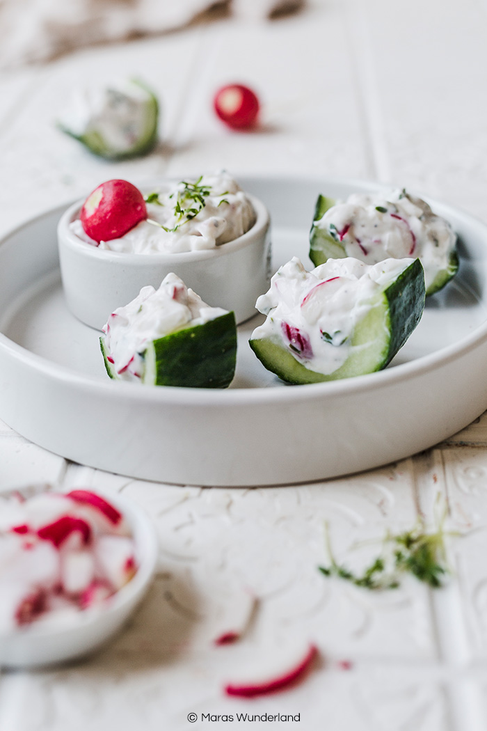 Vegane Gurkenschiffchen. Schneller und einfacher Snack. • Maras Wunderland