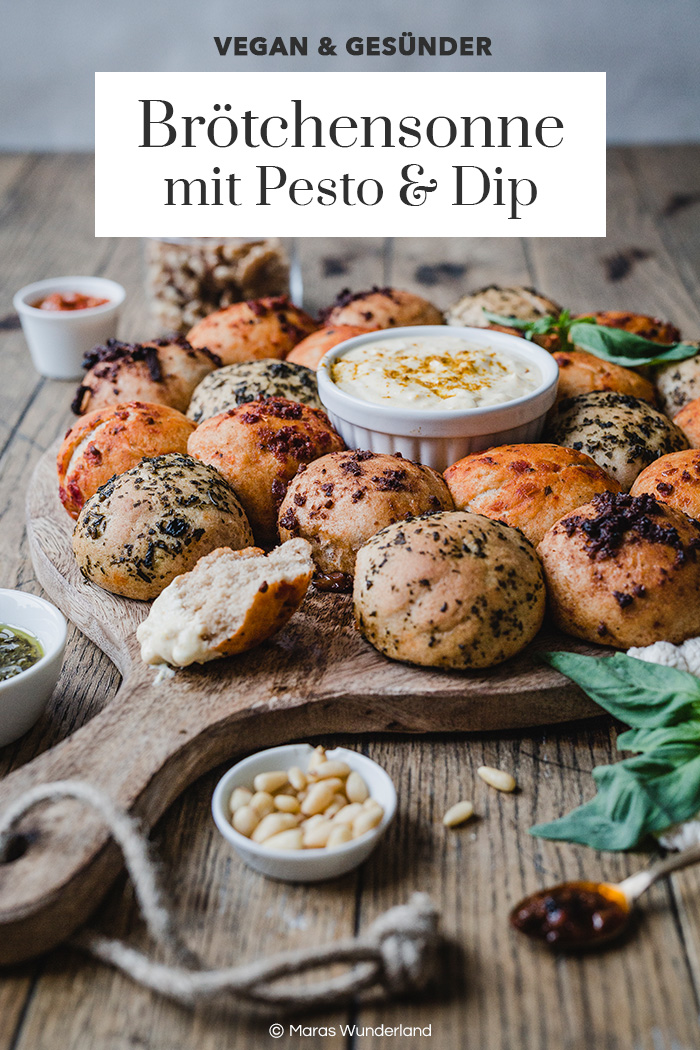 Vegane Brötchensonne mit Pesto & Dip. Ein leckeres Partyrezept oder auch Grillbeilage. Einfach gemacht. • Maras Wunderland