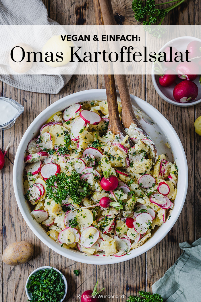 Omas Kartoffelsalat in vegan, mit Radieschen. Gesund, einfach gemacht und perfekt auf dem Partybuffet oder als Grillbeilage. • Maras Wunderland